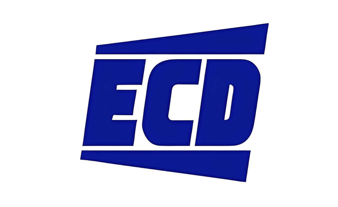 Logo featuring bold blue letters ECD with angular design.