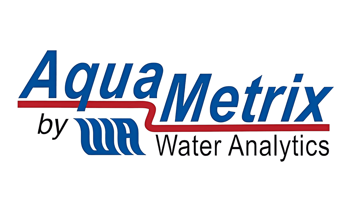 Logo of AquaMetrix Water Analysis with stylized water graphic.